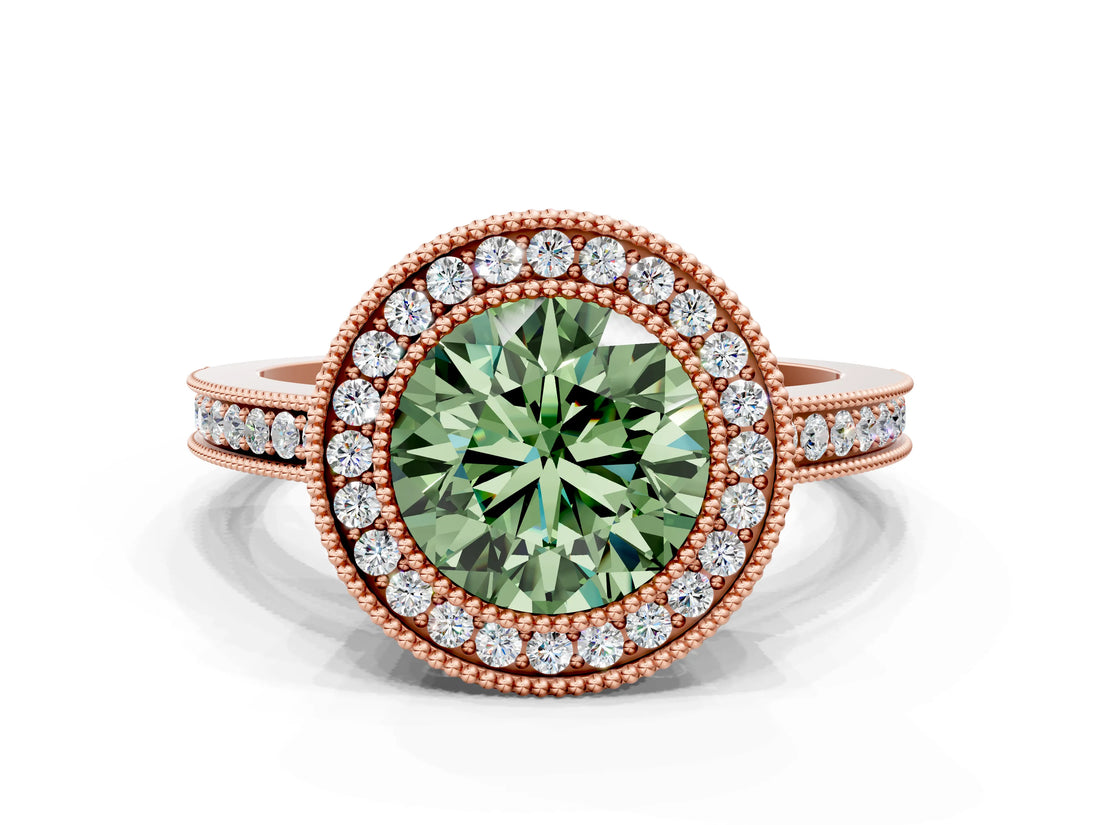 Rose gold Fancy Green Round  Cut Halo Diamond Ring with Pavé Band and Milgrain Prong Setting_37