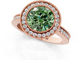 Rose gold Fancy Green Round  Cut Halo Diamond Ring with Pavé Band and Milgrain Prong Setting_38
