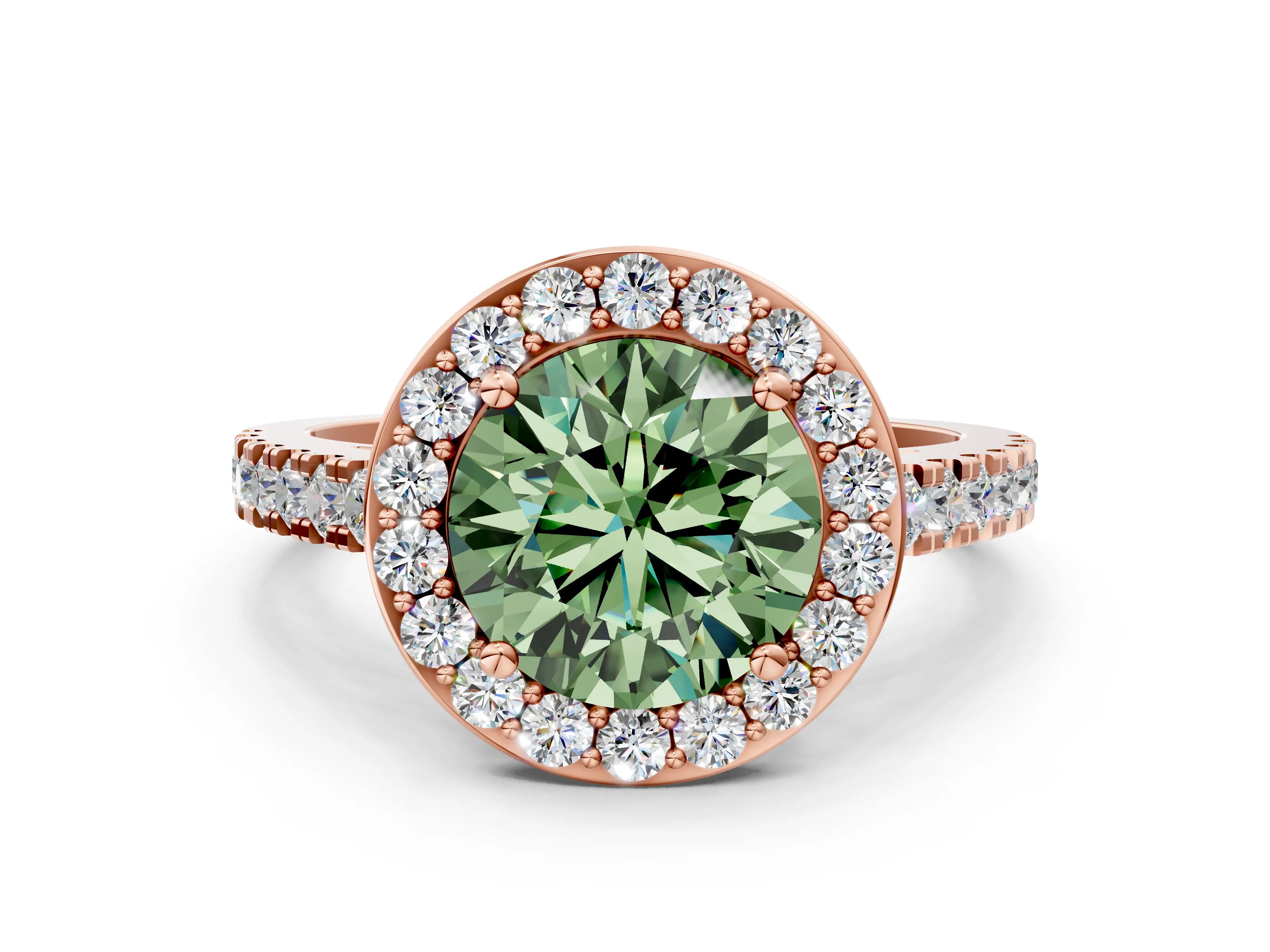 Rose gold Fancy Green Round Cut Halo Diamond Ring with Pavé Band and Three-Prong Setting