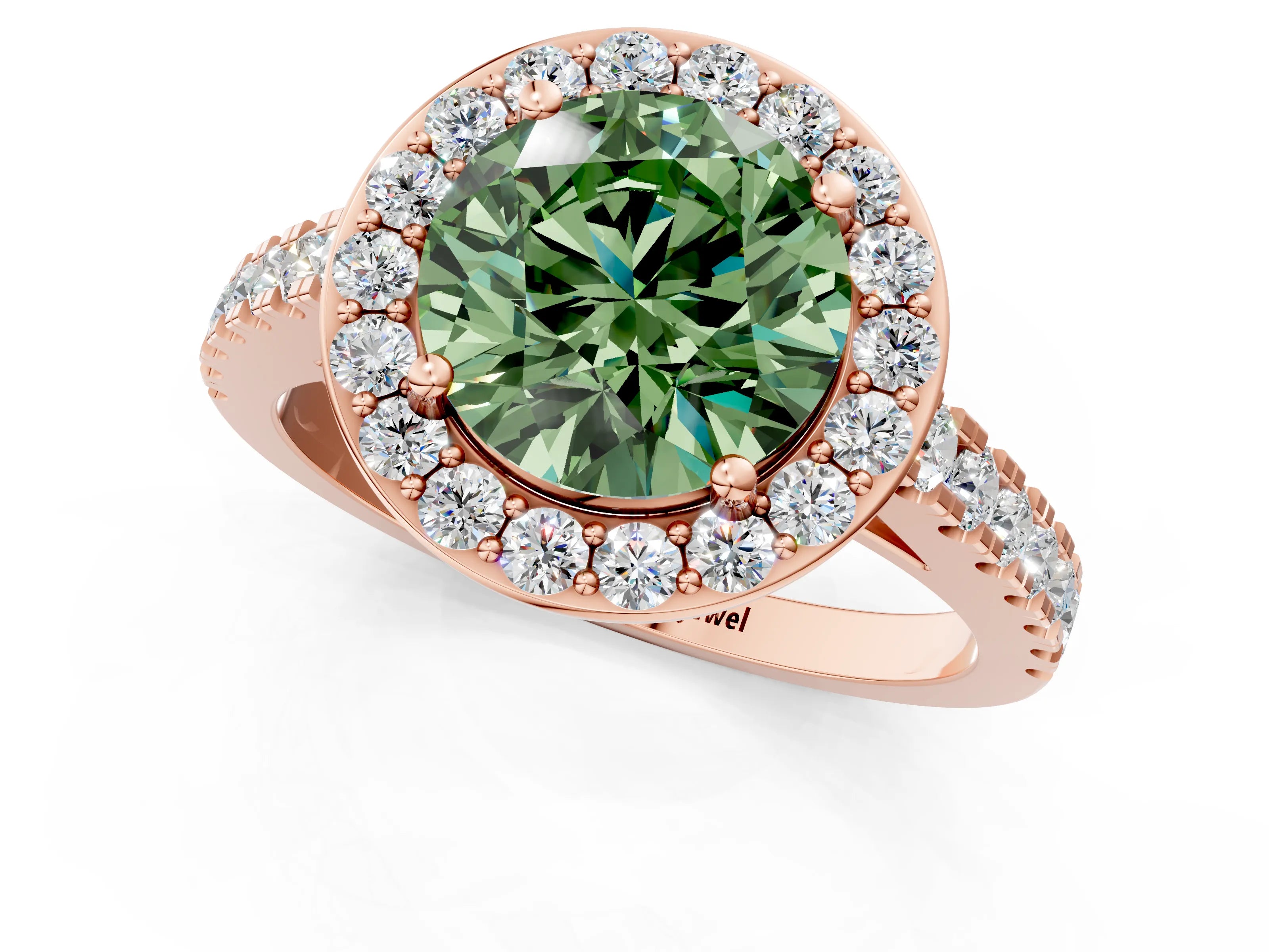 Rose gold Fancy Green Round Cut Halo Diamond Ring with Pavé Band and Three-Prong Setting_1
