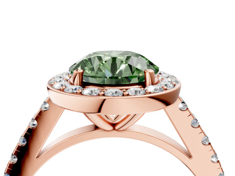 Rose gold Fancy Green Round Cut Halo Diamond Ring with Pavé Band and Three-Prong Setting_4