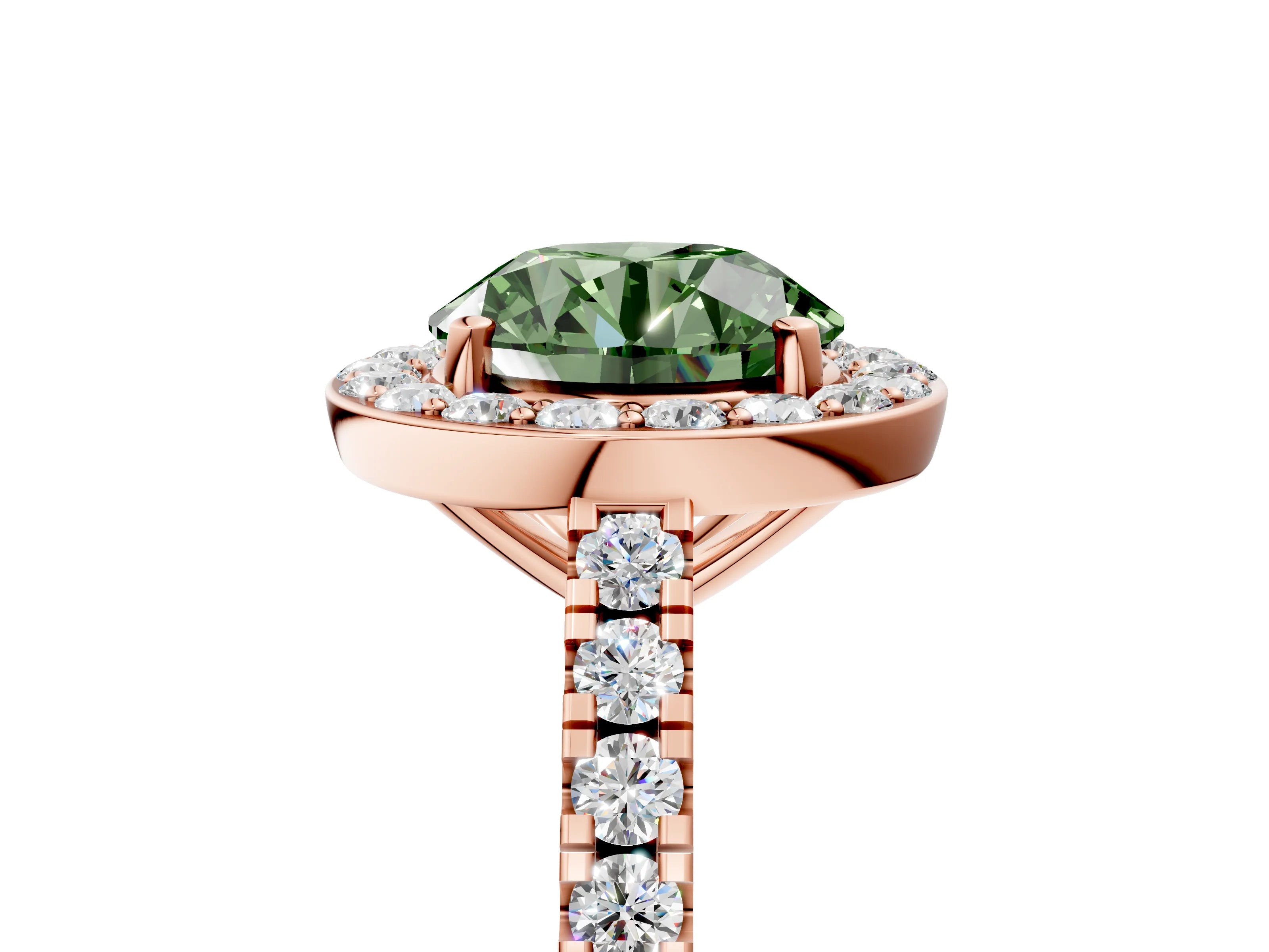Rose gold Fancy Green Round Cut Halo Diamond Ring with Pavé Band and Three-Prong Setting_5