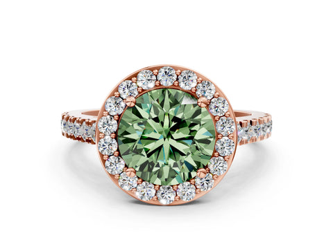 Rose gold Fancy Green Round Cut Halo Diamond Ring with Pavé Band and Three-Prong Setting