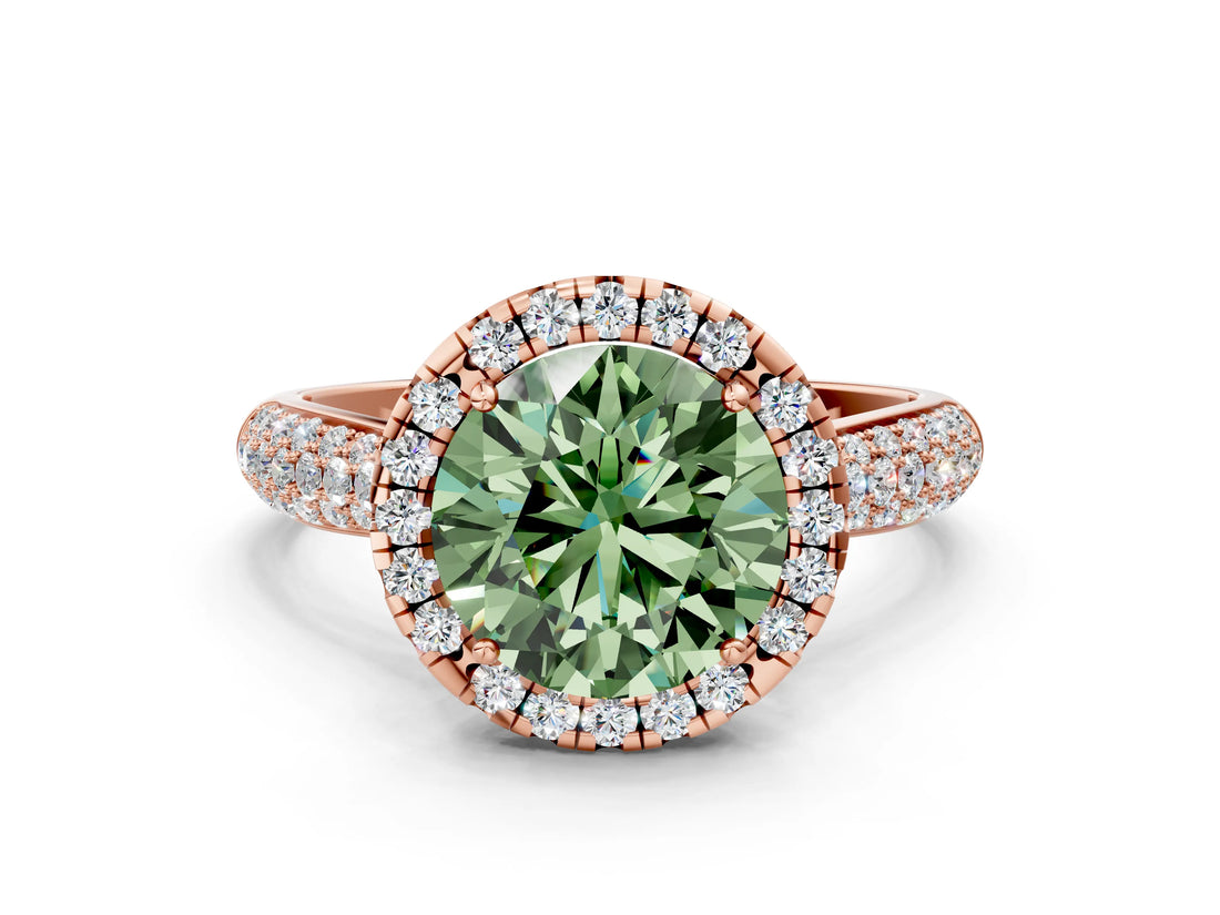 Rose gold Fancy Green Round Cut Halo Diamond Ring with Pavé Band