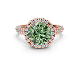 Rose gold Fancy Green Round Cut Halo Diamond Ring with Pavé Band