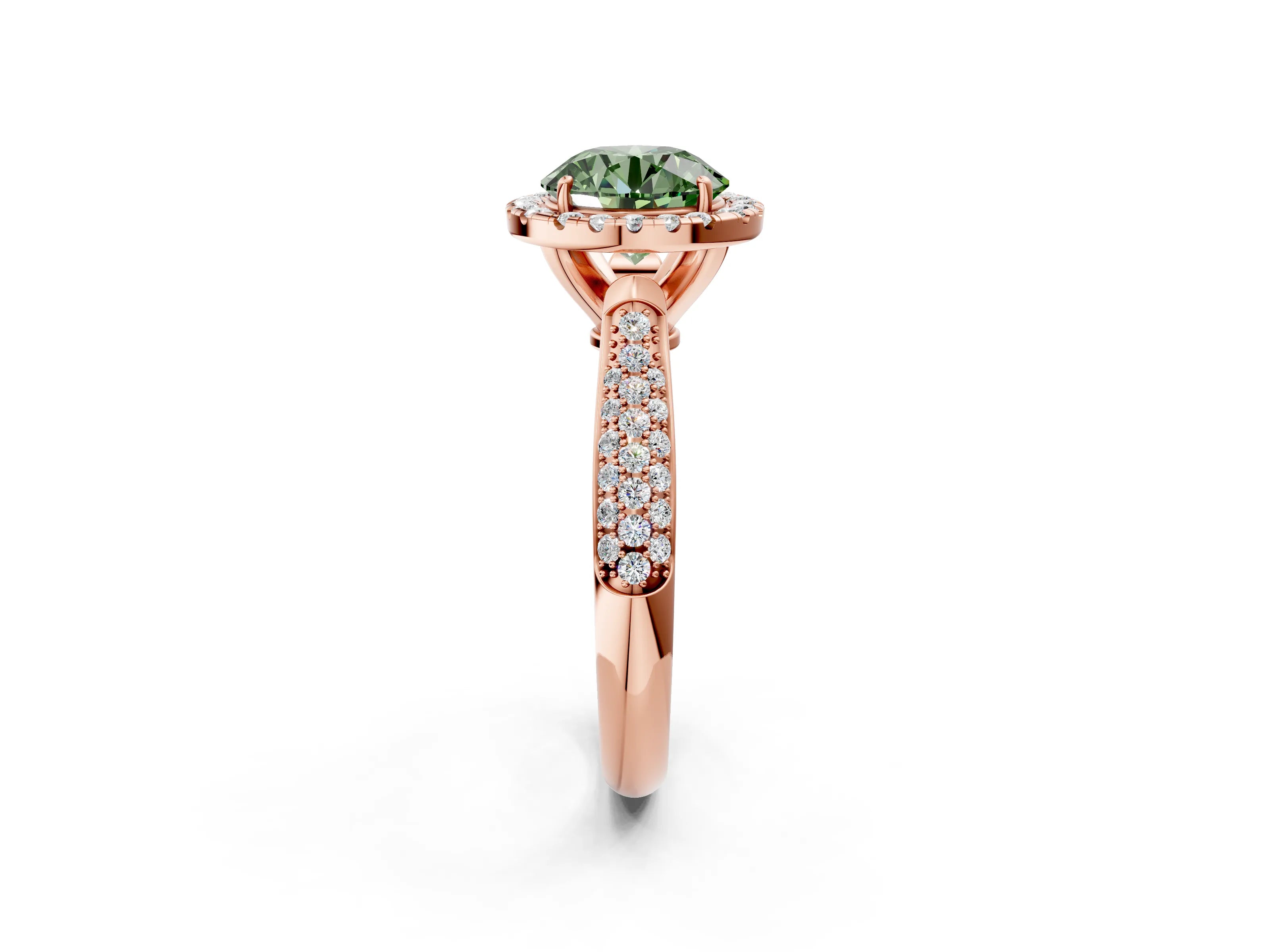 Rose gold Fancy Green Round Cut Halo Diamond Ring with Pavé Band_2