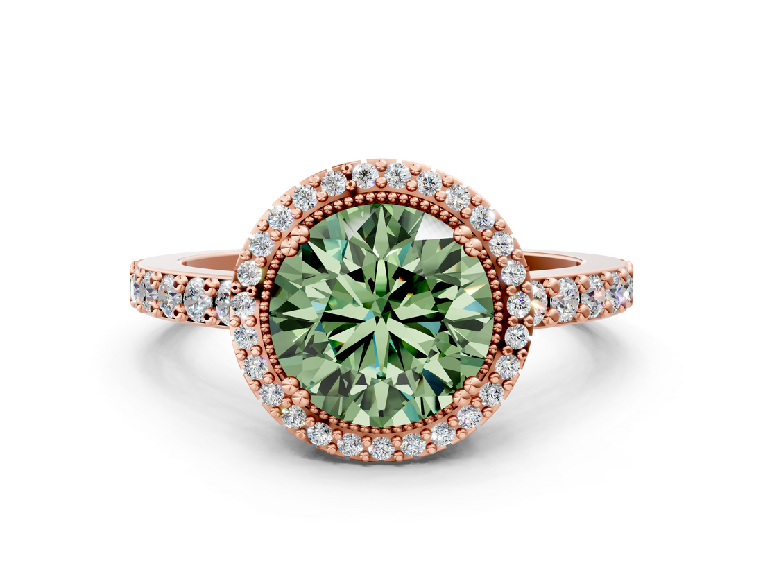 Rose gold Fancy Green Round  Cut Halo Diamond Ring with Pave Band and Four-Prong Setting_24
