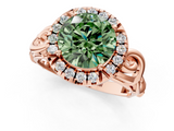 Rose gold Fancy Green Round  Cut Halo Diamond Ring with Scrollwork Band and Four-Prong Setting_47