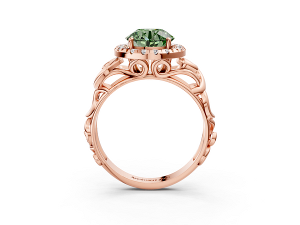 Rose gold Fancy Green Round  Cut Halo Diamond Ring with Scrollwork Band and Four-Prong Setting