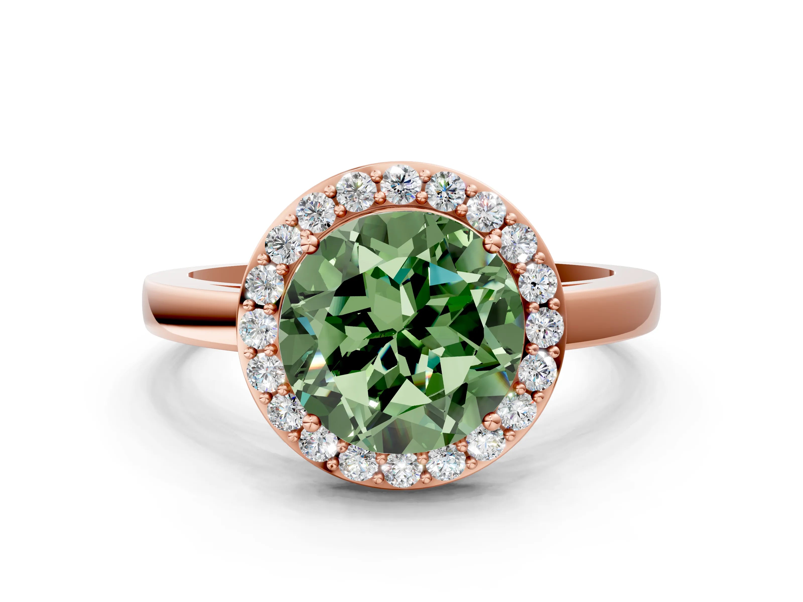 Rose gold Fancy Green Round Cut Halo Diamond Ring with Solitaire Band and Prong Setting