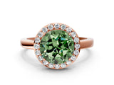 Rose gold Fancy Green Round Cut Halo Diamond Ring with Solitaire Band and Prong Setting