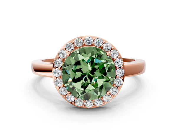 Rose gold Fancy Green Round Cut Halo Diamond Ring with Solitaire Band and Prong Setting