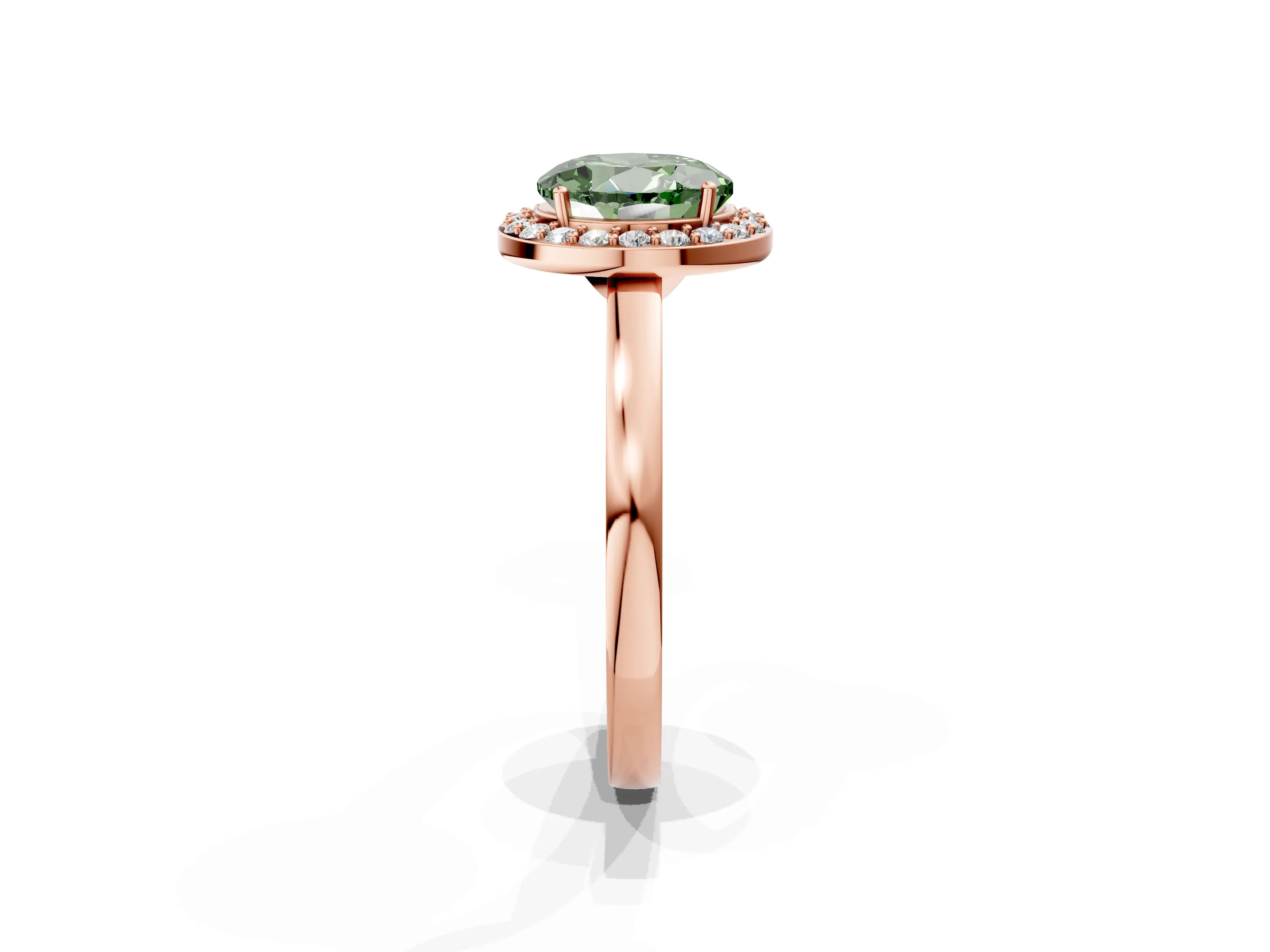 Rose gold Fancy Green Round Cut Halo Diamond Ring with Solitaire Band and Prong Setting_1