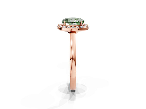 Rose gold Fancy Green Round Cut Halo Diamond Ring with Solitaire Band and Prong Setting