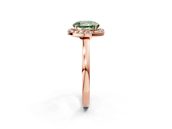 Rose gold Fancy Green Round Cut Halo Diamond Ring with Solitaire Band and Prong Setting