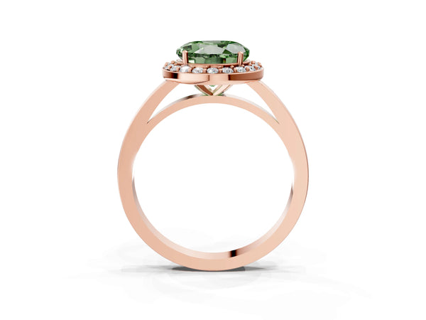 Rose gold Fancy Green Round Cut Halo Diamond Ring with Solitaire Band and Prong Setting