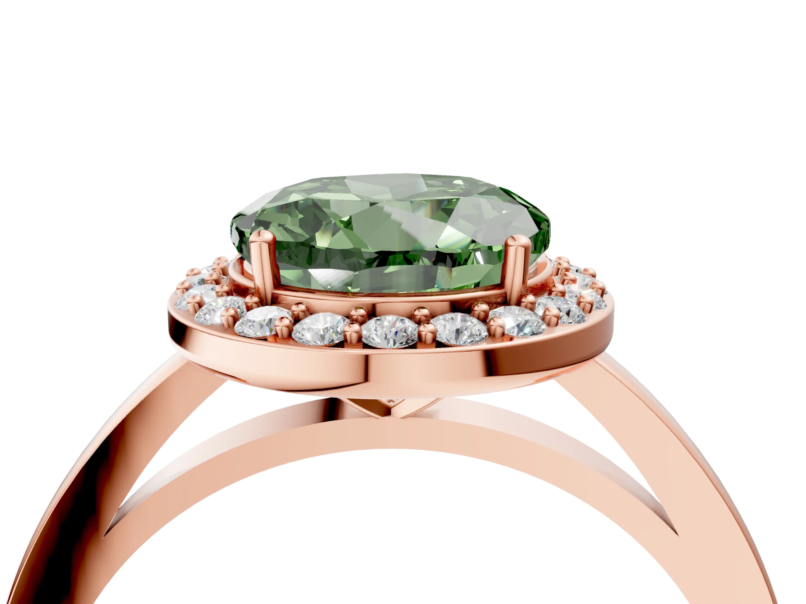 Rose gold Fancy Green Round Cut Halo Diamond Ring with Solitaire Band and Prong Setting_4