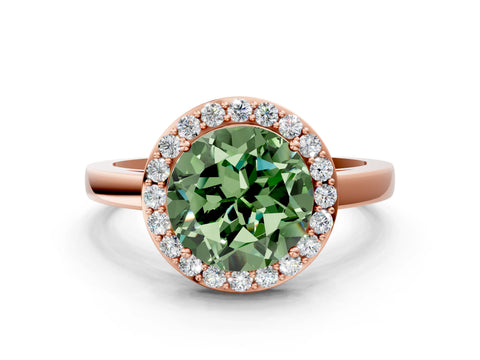 Rose gold Fancy Green Round Cut Halo Diamond Ring with Solitaire Band and Prong Setting