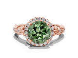 Rose gold Fancy Green Round Cut Halo Diamond Solitaire with Filigree Band and Four-Prong Setting