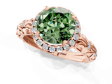 Rose gold Fancy Green Round Cut Halo Diamond Solitaire with Filigree Band and Four-Prong Setting_1