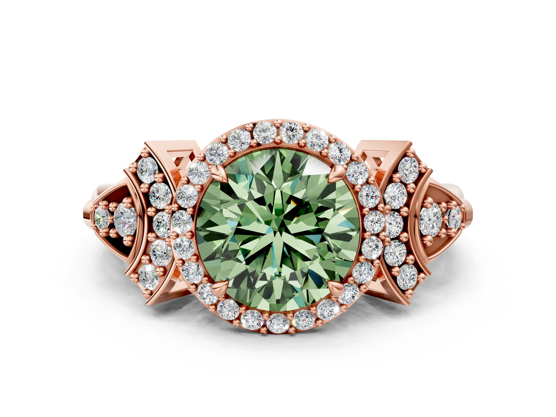 Rose gold Fancy Green Round Cut Halo Diamond Split Shank Engagement Ring with Four-Prong Setting