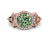 Rose gold Fancy Green Round Cut Halo Diamond Split Shank Engagement Ring with Four-Prong Setting