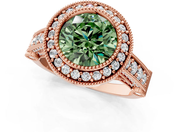 Rose Gold Round Vintage Bezel Halo Engagement Ring Setting for Fancy Green Center
