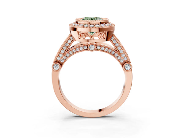 Rose Gold Round Vintage Bezel Halo Engagement Ring Setting for Fancy Green Center