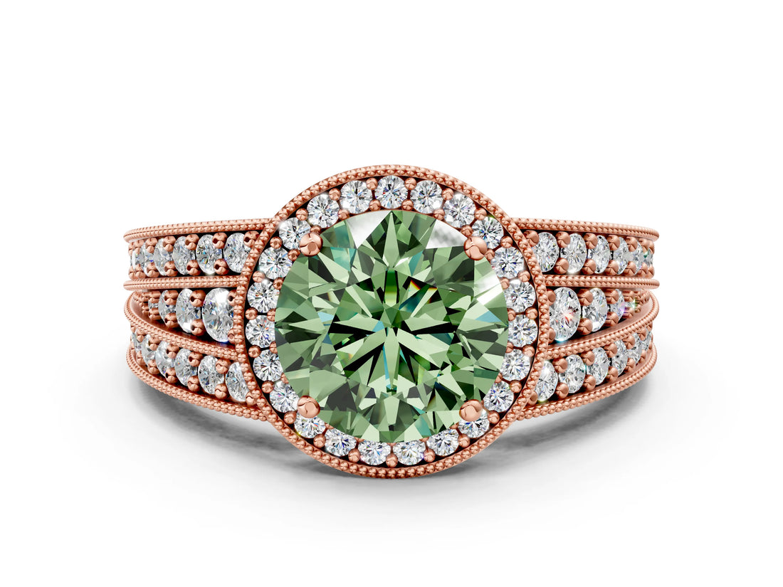 Rose gold Fancy Green Round Cut Halo Diamond Split Shank Ring with Prong Setting