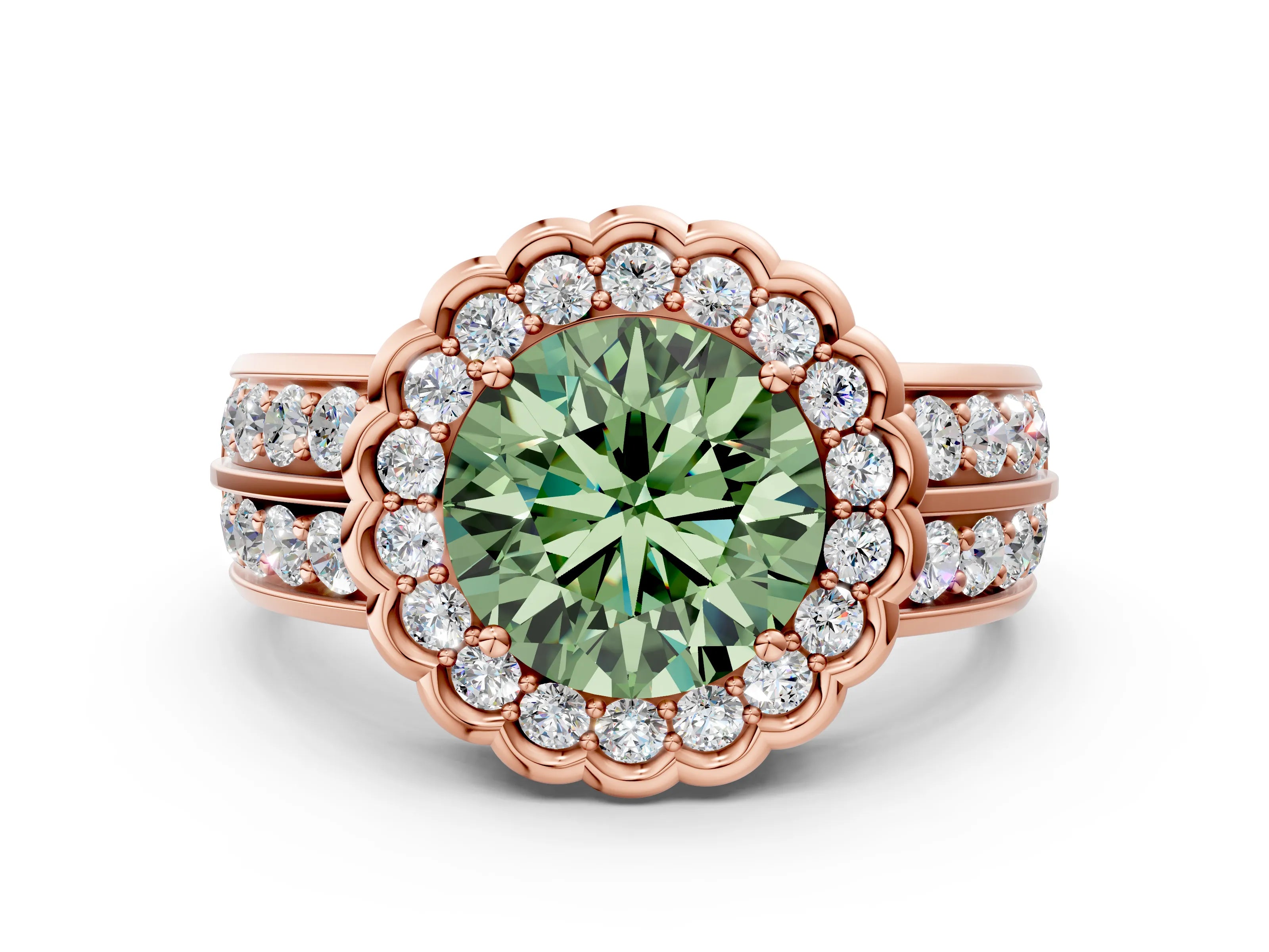 Rose gold Fancy Green Round Cut Halo Diamond Split Shank Ring with Scalloped Prong Setting