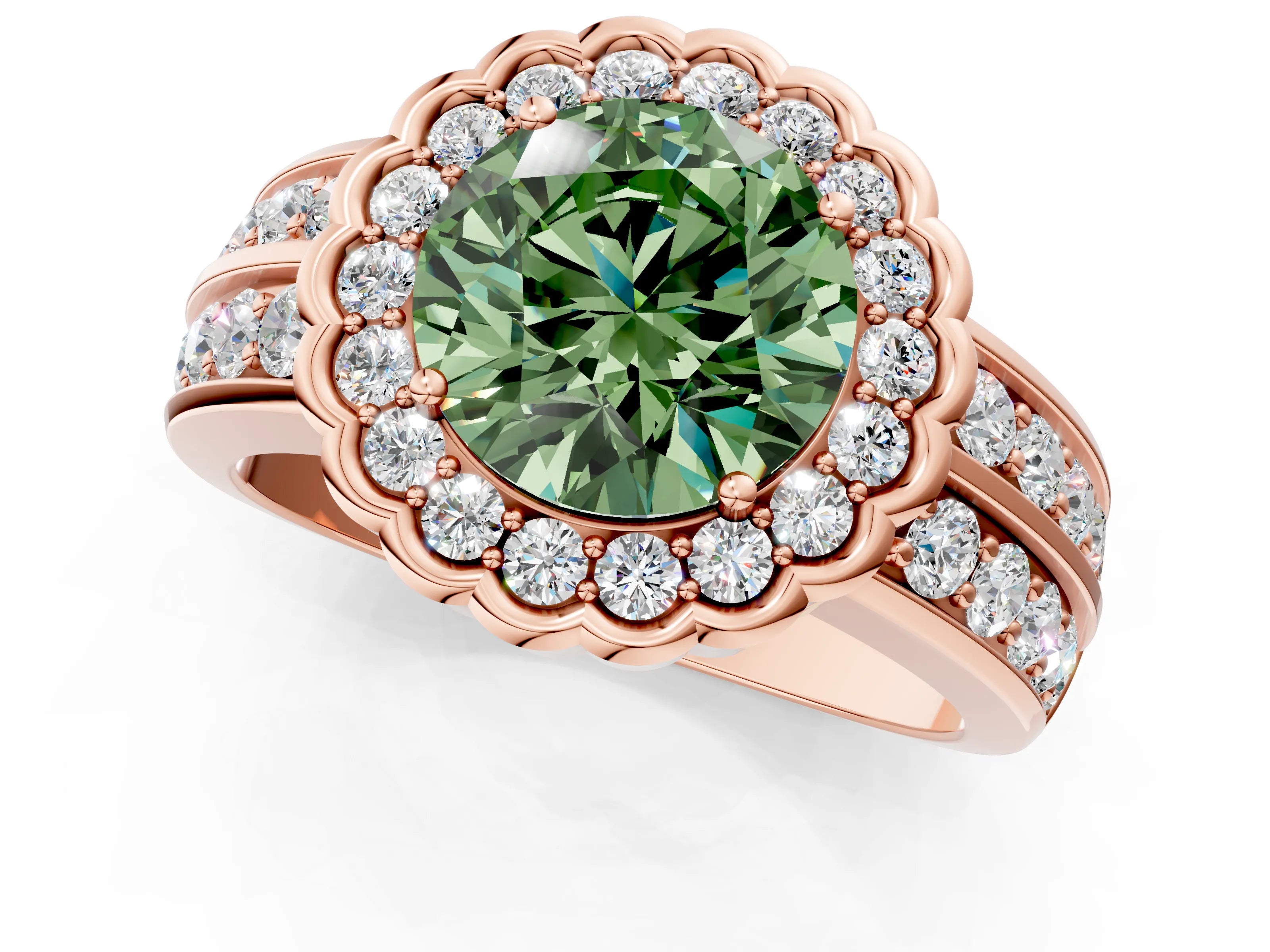 Rose gold Fancy Green Round Cut Halo Diamond Split Shank Ring with Scalloped Prong Setting_1