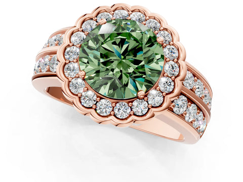 Rose gold Fancy Green Round Cut Halo Diamond Split Shank Ring with Scalloped Prong Setting_1
