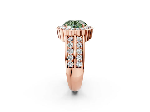 Rose gold Fancy Green Round Cut Halo Diamond Split Shank Ring with Scalloped Prong Setting_2
