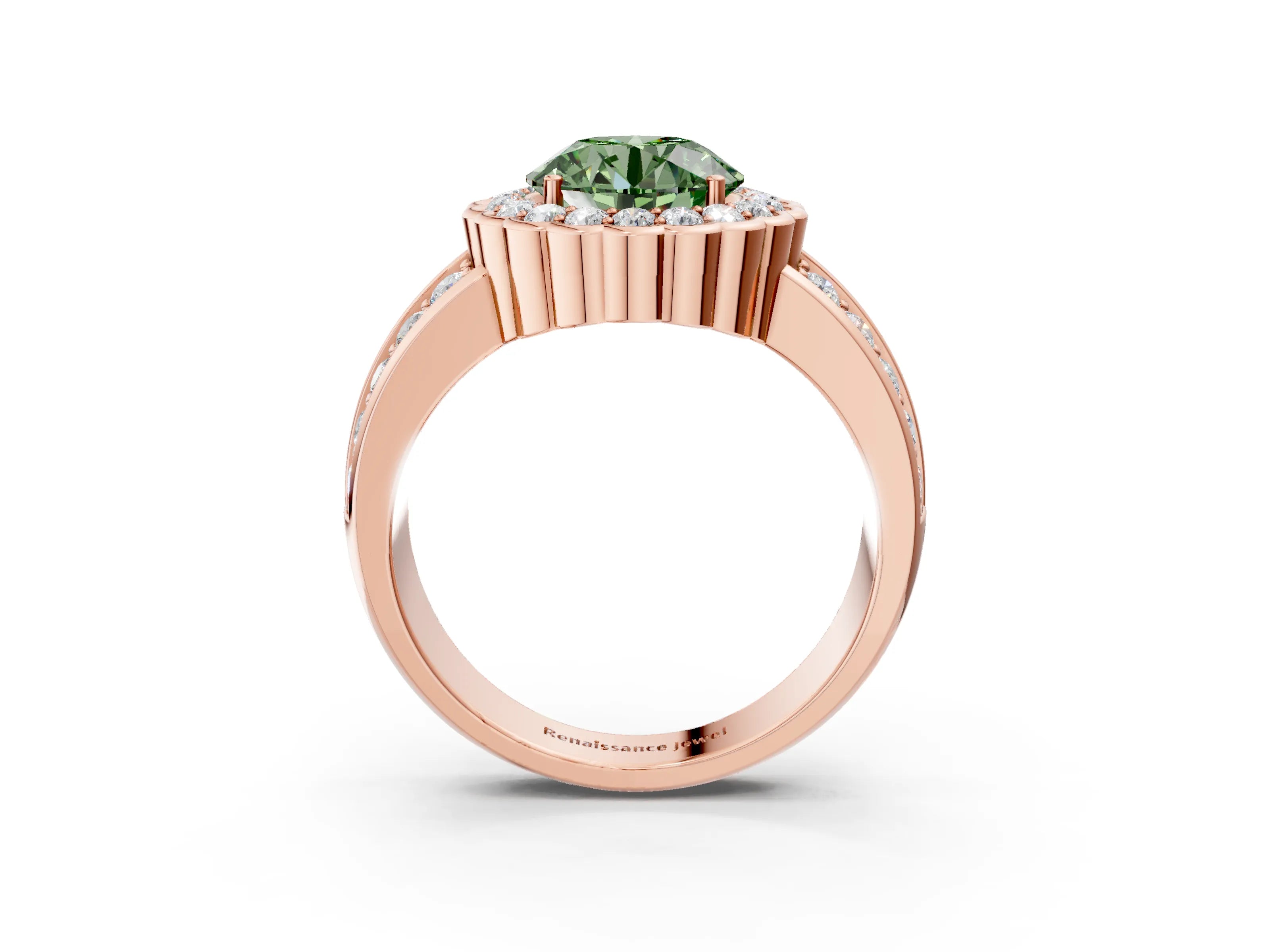 Rose gold Fancy Green Round Cut Halo Diamond Split Shank Ring with Scalloped Prong Setting_3