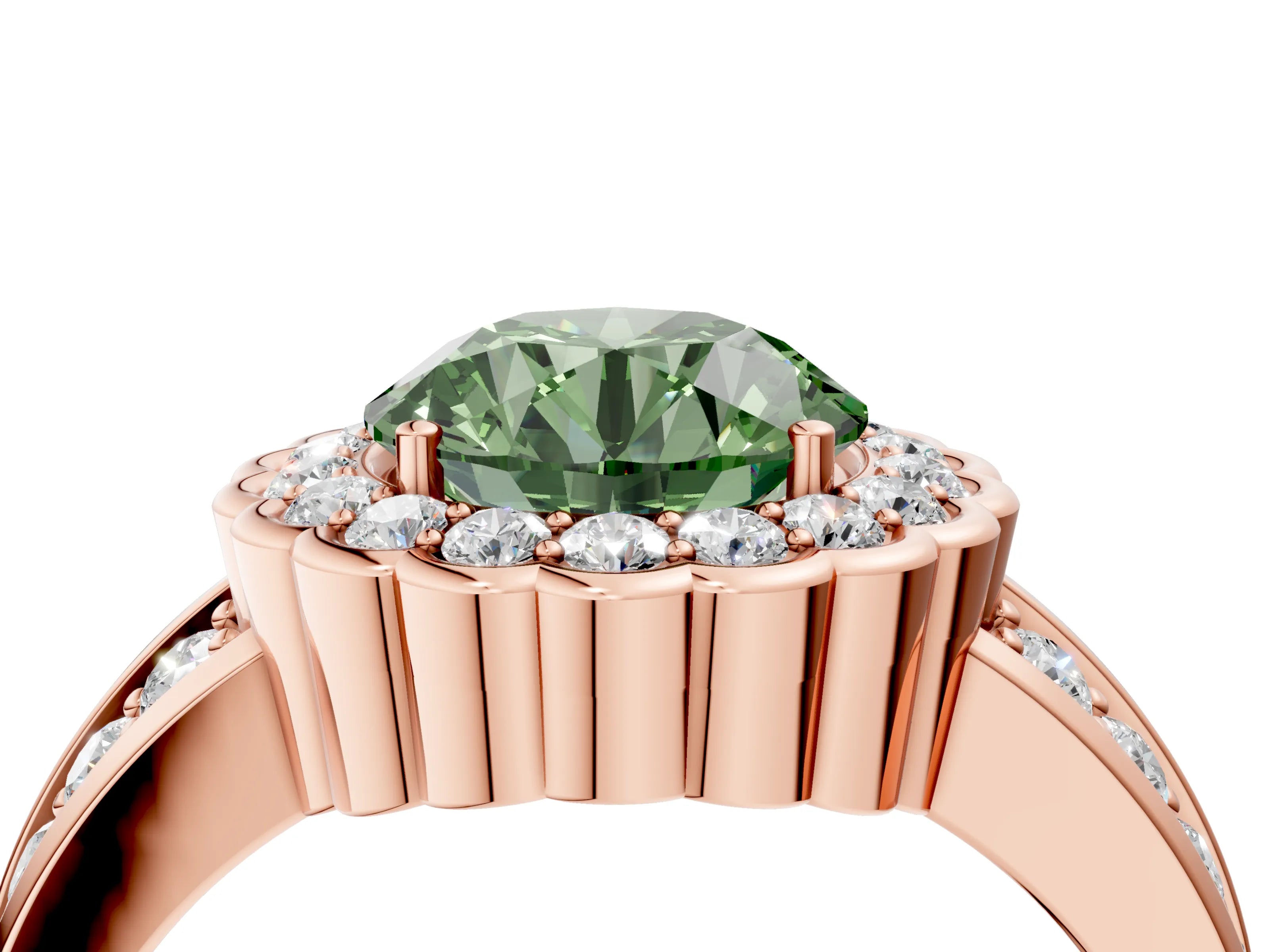 Rose gold Fancy Green Round Cut Halo Diamond Split Shank Ring with Scalloped Prong Setting_4