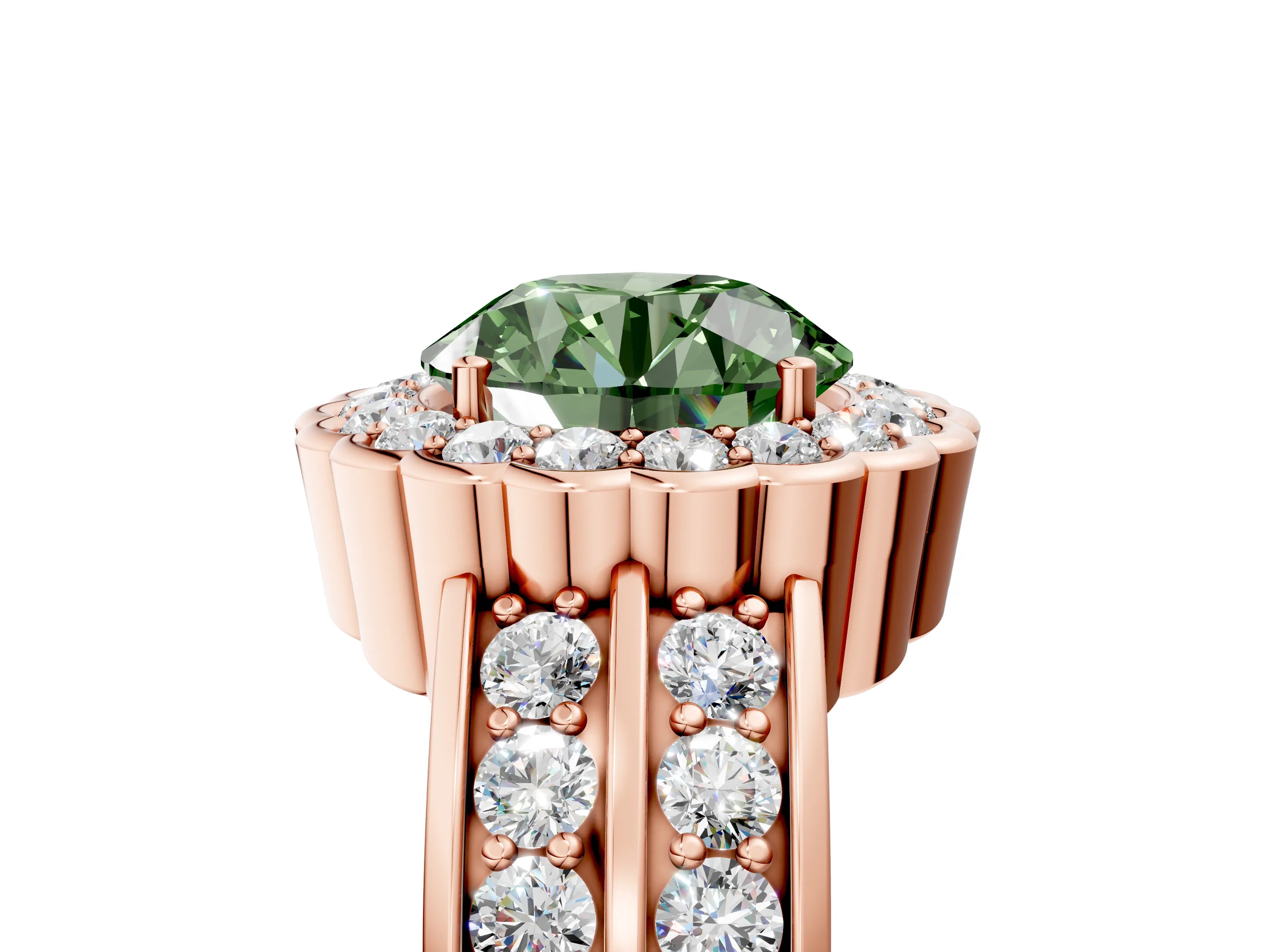 Rose gold Fancy Green Round Cut Halo Diamond Split Shank Ring with Scalloped Prong Setting_5