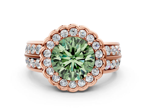 Rose gold Fancy Green Round Cut Halo Diamond Split Shank Ring with Scalloped Prong Setting
