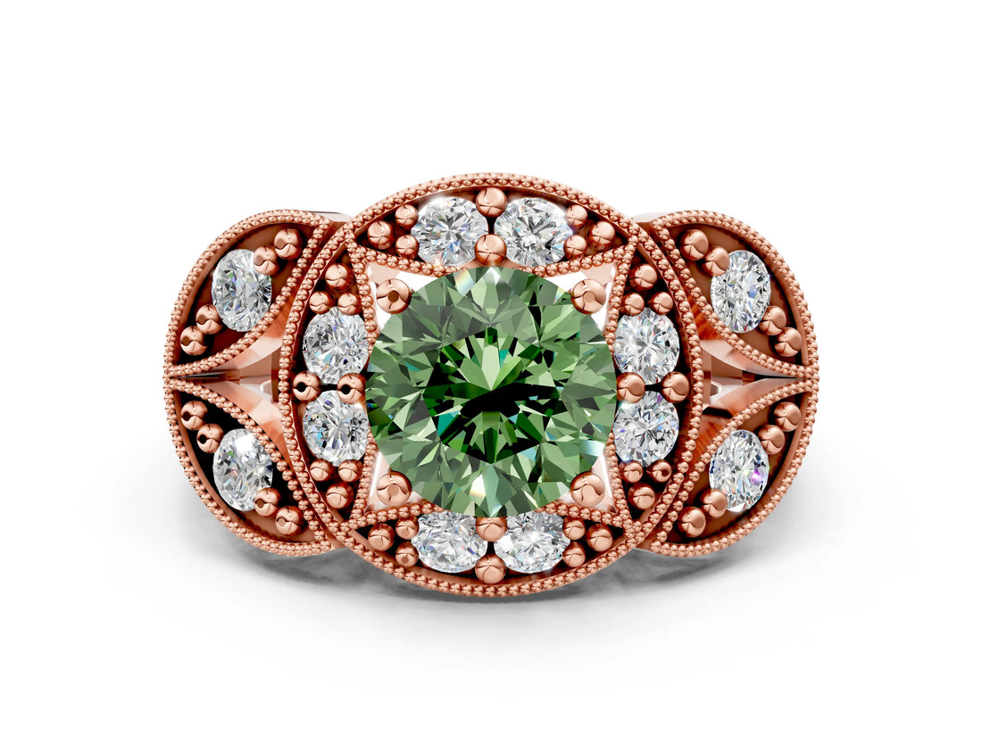 Rose gold Fancy Green Round Cut Halo Milgrain Diamond Engagement Ring with Leaf Band and Four-Prong Setting