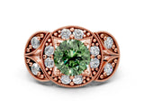 Rose gold Fancy Green Round Cut Halo Milgrain Diamond Engagement Ring with Leaf Band and Four-Prong Setting