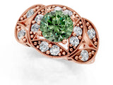 Rose gold Fancy Green Round Cut Halo Milgrain Diamond Engagement Ring with Leaf Band and Four-Prong Setting_1