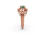 Rose gold Fancy Green Round Cut Halo Milgrain Diamond Engagement Ring with Leaf Band and Four-Prong Setting_2