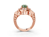 Rose gold Fancy Green Round Cut Halo Milgrain Diamond Engagement Ring with Leaf Band and Four-Prong Setting_3