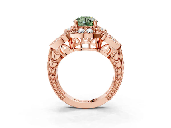 Rose gold Fancy Green Round Cut Halo Milgrain Diamond Engagement Ring with Leaf Band and Four-Prong Setting