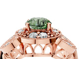 Rose gold Fancy Green Round Cut Halo Milgrain Diamond Engagement Ring with Leaf Band and Four-Prong Setting_4