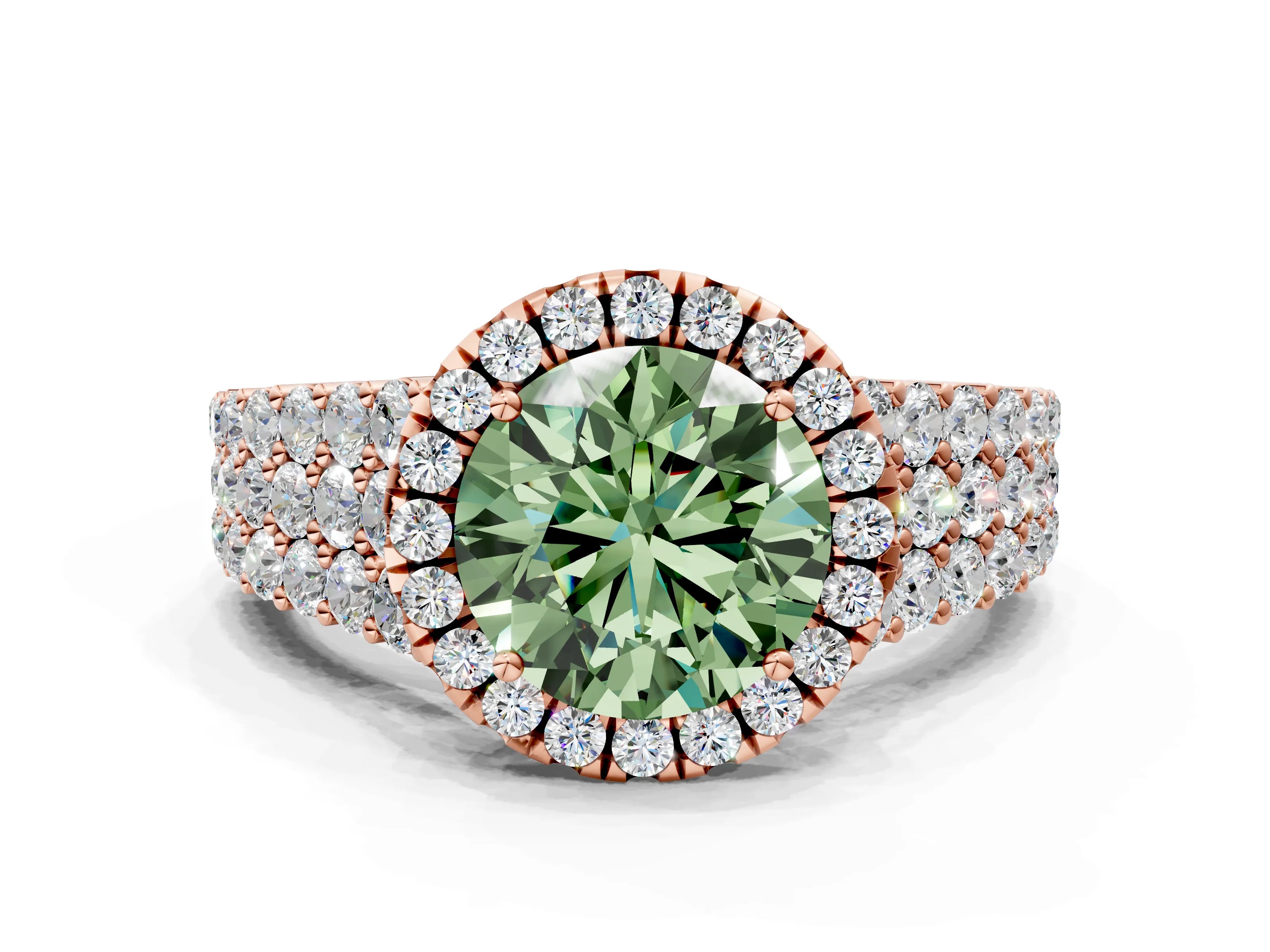 Rose gold Fancy Green Round Cut Halo Pavé Diamond Engagement Ring with Split Shank and Four-Prong Setting_3
