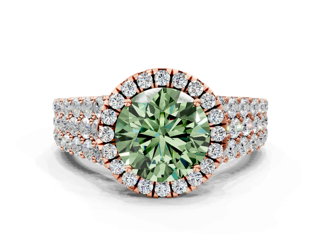 Rose gold Fancy Green Round Cut Halo Pavé Diamond Engagement Ring with Split Shank and Four-Prong Setting_3