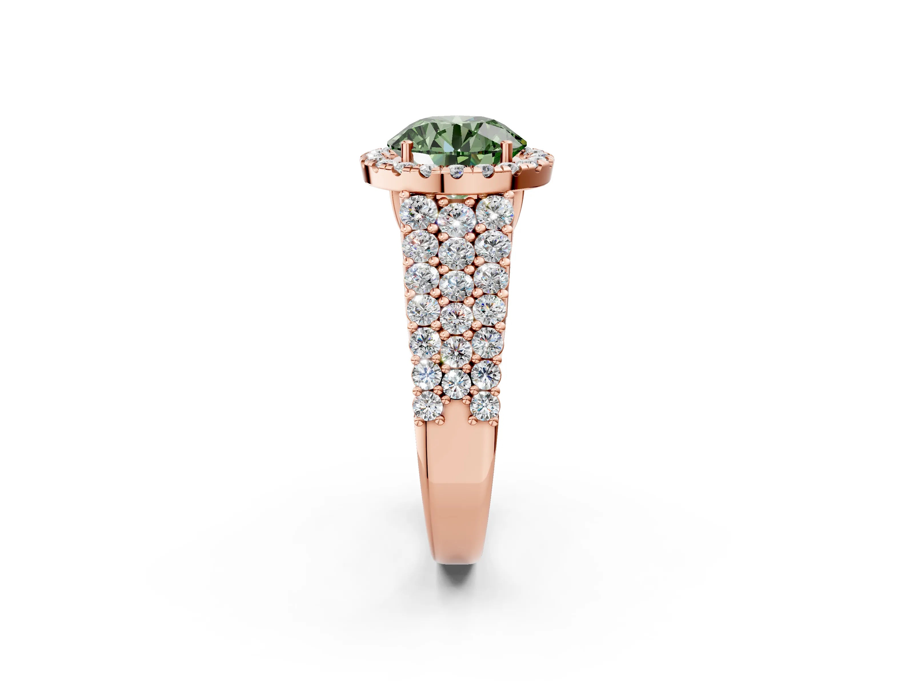 Rose gold Fancy Green Round Cut Halo Pavé Diamond Engagement Ring with Split Shank and Four-Prong Setting_5