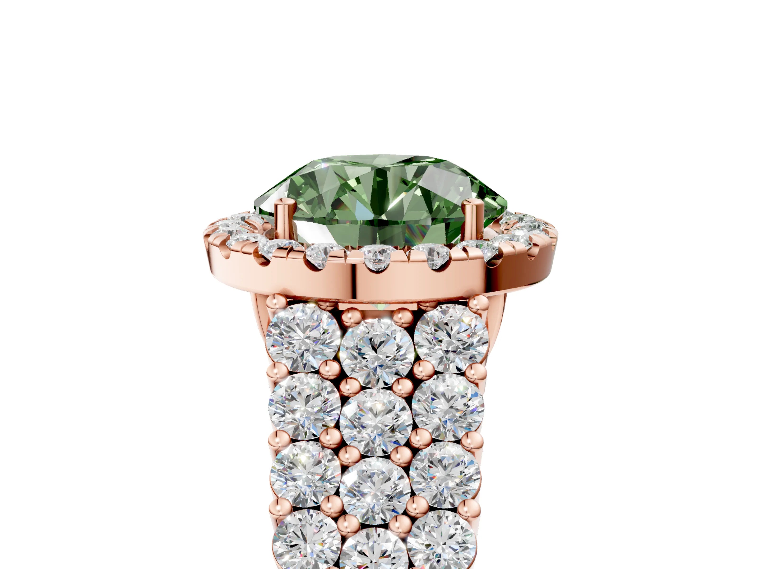 Rose gold Fancy Green Round Cut Halo Pavé Diamond Engagement Ring with Split Shank and Four-Prong Setting_8