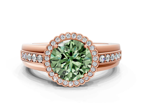 Rose gold Fancy Green Round  Cut Halo Pave Band Four-Prong Ring