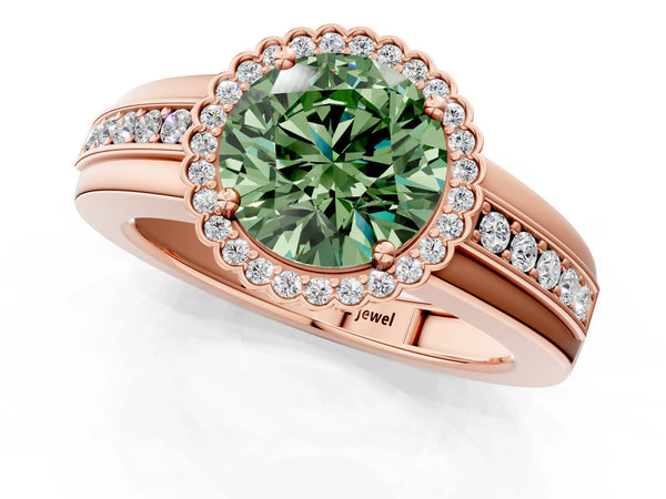Rose gold Fancy Green Round  Cut Halo Pave Band Four-Prong Ring